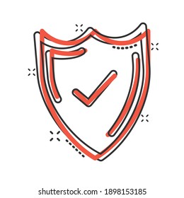 Escuche con icono de marca de verificación en estilo de cómic. Proteger la ilustración vectorial de dibujos animados sobre fondo aislado blanco. Concepto de negocio de efecto de salpicadura de protección de marca de verificación.