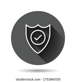 Shield with check mark icon in flat style. Protect vector illustration on black round background with long shadow effect. Checkmark guard circle button business concept.