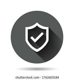 Shield with check mark icon in flat style. Protect vector illustration on black round background with long shadow effect. Checkmark guard circle button business concept.