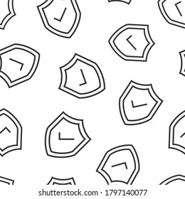 Shield with check mark icon in flat style. Protect vector illustration on white isolated background. Checkmark guard seamless pattern business concept.