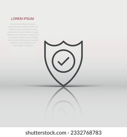 Shield with check mark icon in flat style. Protect vector illustration on white isolated background. Checkmark guard business concept.