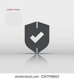 Shield with check mark icon in flat style. Protect vector illustration on white isolated background. Checkmark guard business concept.