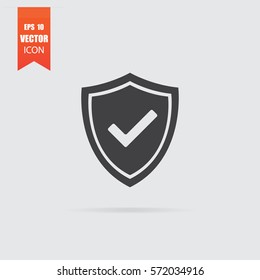 Shield With Check Mark Icon In Flat Style Isolated On Grey Background. For Your Design, Logo. Vector Illustration.