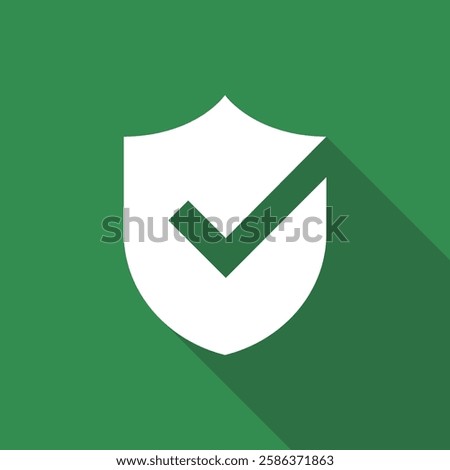 Shield with check mark icon in flat style isolated on green background. Vector illustration.