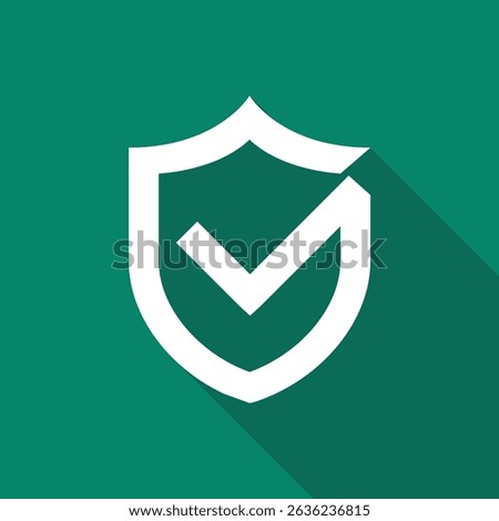Shield with check mark icon in flat style isolated on green background. Vector illustration.