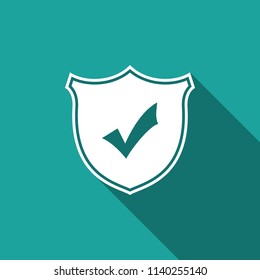 Shield with check mark icon isolated with long shadow. Flat design. Vector Illustration