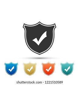 Shield with check mark icon isolated on white background. Set elements in colored icons. Flat design. Vector Illustration