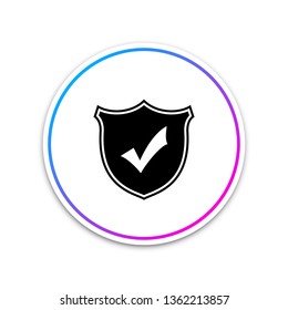 Shield with check mark icon isolated on white background. Circle white button. Vector Illustration