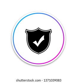 Shield with check mark icon isolated on white background. Circle white button. Vector Illustration