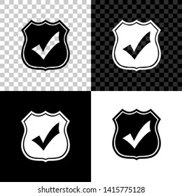 Shield with check mark icon isolated on black, white and transparent background. Protection, safety, security, protect, defense concept. Tick mark approved icon. Vector Illustration