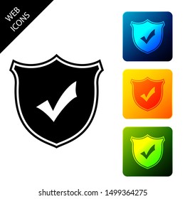 Shield with check mark icon isolated. Protection symbol. Security check Icon. Tick mark approved icon. Set icons colorful square buttons. Vector Illustration