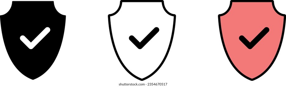 Shield check mark icon lined, isolated and colored version. Protection approve sign. Safe icons collection. Vector ilustration