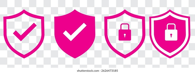 Shield check mark icon and shield lock icon set. Safety shield symbols. Security private sign. Vector illustration