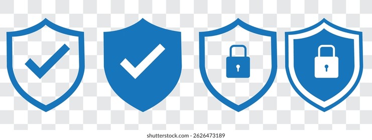 Shield check mark icon and shield lock icon set. Safety shield symbols. Security private sign. Vector illustration