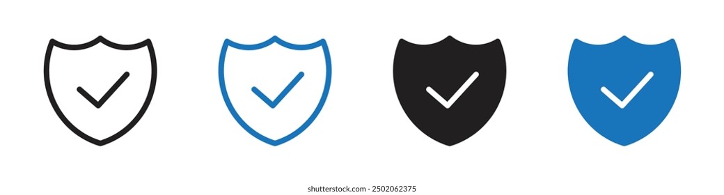 Schild-Häkchen-Symbol Kontur-Vektorlinienset