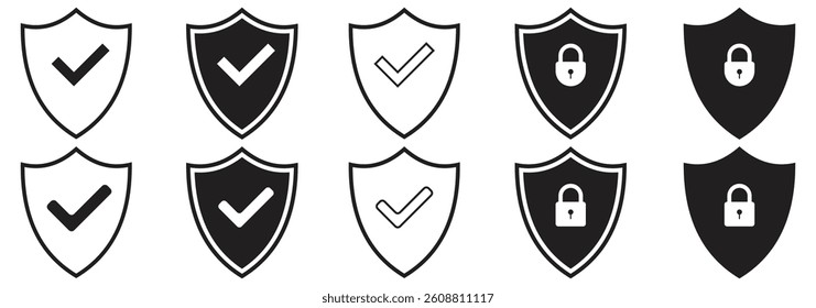 Shield check mark icon . Protection secure lock vector sign. Security and privacy symbol.
