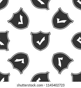 Shield with check mark icon seamless pattern on white background. Flat design. Vector Illustration