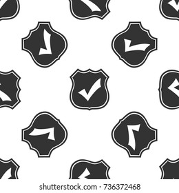 Shield with check mark icon seamless pattern on white background. Flat design. Vector Illustration