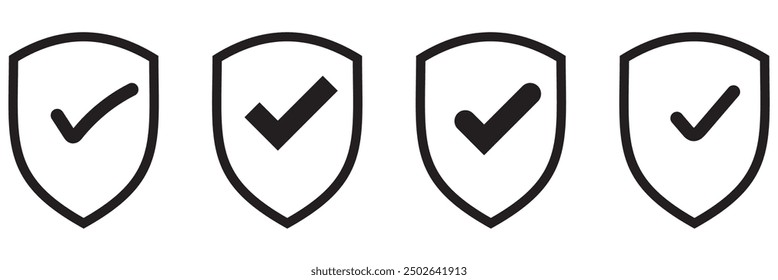 Shield check mark icon or security shield protection icon with tick symbol. Protection approve sign. Security shield protected icon. Strong protection concept - stock vector.