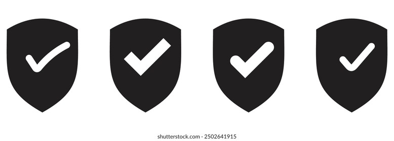 Shield check mark icon or security shield protection icon with tick symbol. Protection approve sign. Security shield protected icon. Strong protection concept - stock vector.