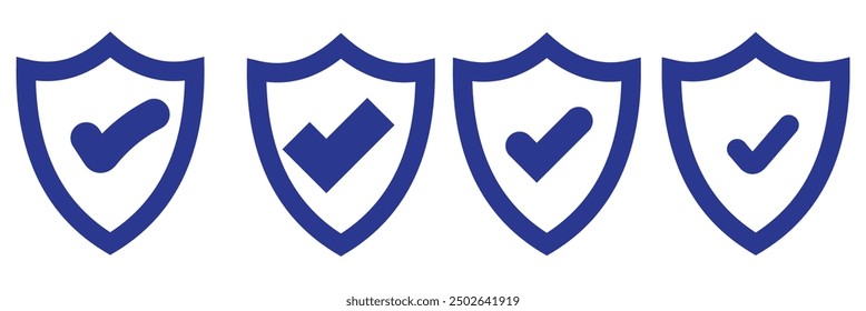 Symbol für Schild-Häkchen oder Symbol für Schutz des Sicherheitsschilds mit Häkchen. Signatur für Schutzgenehmigung. Sicherheitsschild-geschütztes Symbol. Starkes Schutzkonzept - Stock-Vektor.