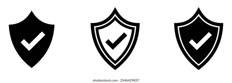 Ícone de marca de seleção de blindagem ou ícone de proteção de escudo de segurança com vetor de símbolo de tique. Sinal de aprovação de proteção. Protetor de carrapato de proteção forte. 