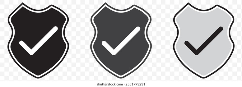 Shield check mark icon or security shield protection icon with tick symbol. Set of security shield icons, security shields logotypes with check mark. eps 10.