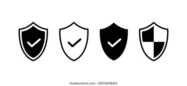 Shield check mark icon or security shield protection icon with tick symbol vector icon set illustration isolated on white background.