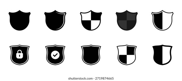 Ícone de marca de seleção de blindagem ou ícone de proteção de escudo de segurança com símbolo de tique. Ícones de escudo de segurança, logotipos de escudos de segurança com marca de seleção e cadeado. Símbolos da blindagem de segurança. Ilustração vetorial