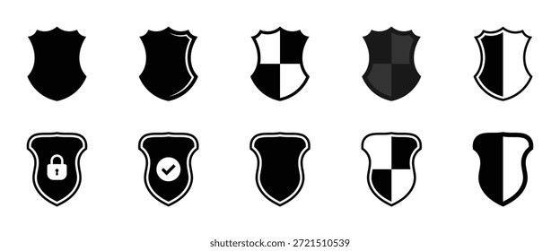 Shield check mark icon or security shield protection icon with tick symbol. Security shield icons, security shields logotypes with check mark and padlock. Safety shield symbols. Vector illustration