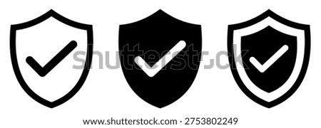 Shield check mark icon or security shield protection icon with tick symbol.