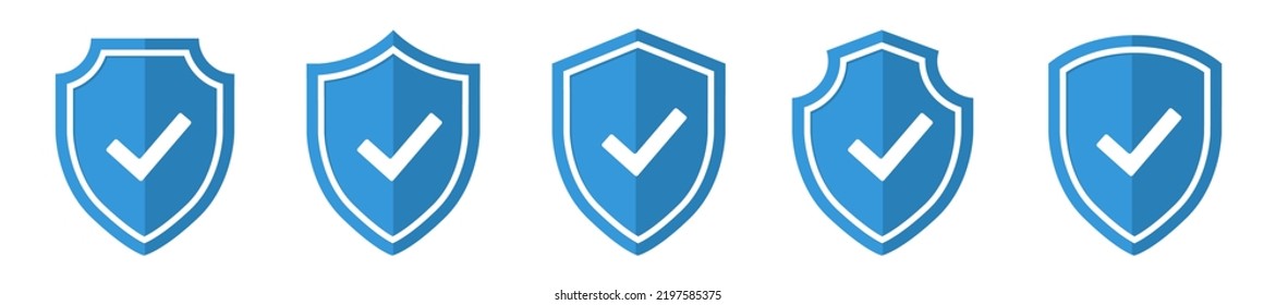 Shield check mark icon set in vintage style. Protect shield security icons. Badge quality symbol, sign, logo or emblem. Vector illustration.
