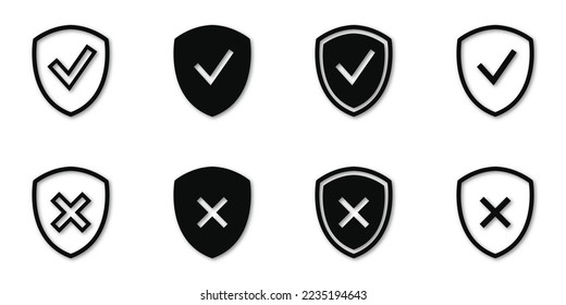 Shield check mark icon set. Protection approve sign. Safe icon. Tick and cross icons. Vector illustration on a white background.