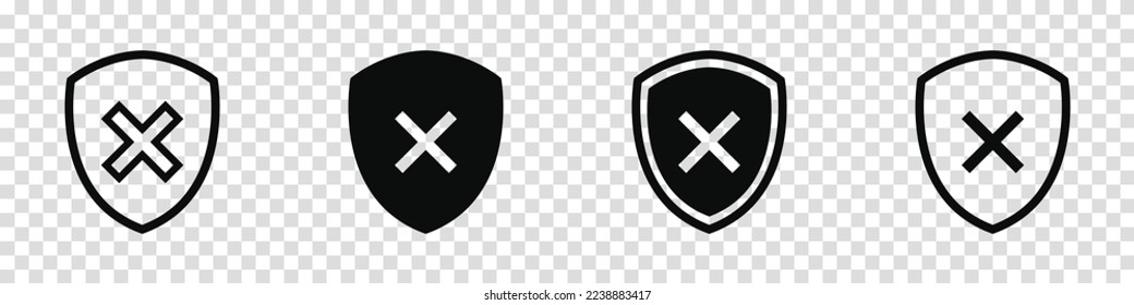 Shield check mark icon set. Protection approve sign. Safe icon. Tick and cross icons. Vector illustration on a transparent background.