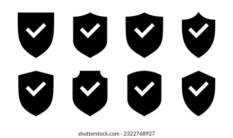 Ilustración de conjunto de iconos de marca de protección de escudo. Signo de aprobación de protección. Icono de seguro