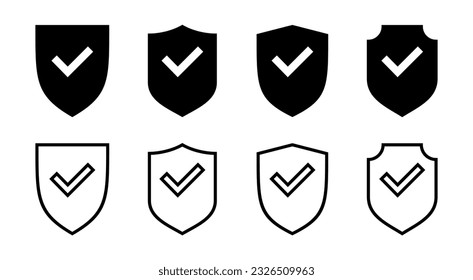 Ilustración de conjunto de iconos de marca de protección de escudo. Signo de aprobación de protección. Icono de seguro