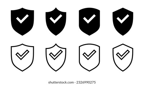 Ilustración de conjunto de iconos de marca de protección de escudo. Signo de aprobación de protección. Icono de seguro