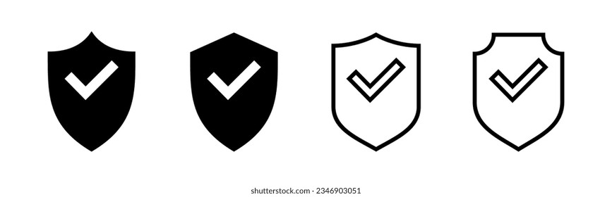 Ilustración de conjunto de iconos de marca de protección de escudo. Signo de aprobación de protección. Icono de seguro