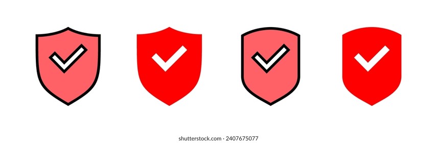 Ilustración de conjunto de iconos de marca de protección de escudo. Signo de aprobación de protección. Icono de seguro