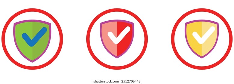 Conjunto de iconos de marca de verificación de escudo. Signo de aprobación de protección. Icono de Vector seguro