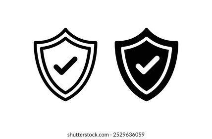 Icono de marca de verificación de escudo establecido en Vector negro aislado sobre fondo blanco. Protección, seguridad, aprobación de la señal, concepto de salvaguardia. Logotipo, símbolo, etiqueta, icono Vector 