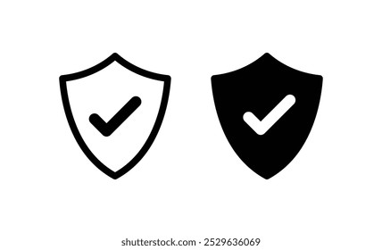 Shield check mark icon set in black vector isolated on white background. Protection, security, approve sign, safeguard concept. Logo, symbol, label, icon vector 