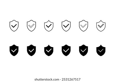 Ícone de marca de seleção de blindagem definido. Sinal de aprovação de proteção. Vetor de ícone seguro. Coleção de símbolo vetorial em estilo plano na moda sobre fundo branco.