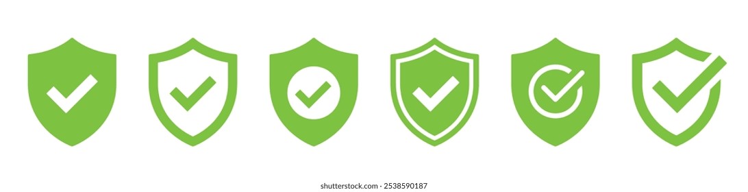 Shield with check mark icon set. Security, protection, approve, checkmark, tick, accept, green collection - stock vector.