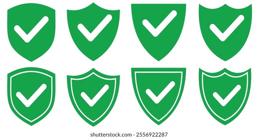Shield with check mark icon set. Security, protection, approve, checkmark, tick, accept, green collection vector.