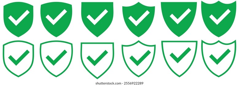 Shield with check mark icon set. Security, protection, approve, checkmark, tick, accept, green collection vector.