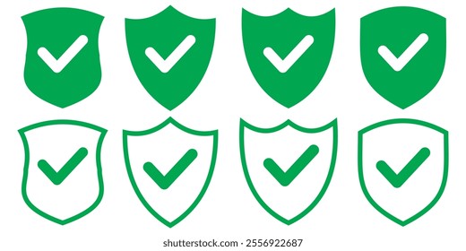 Shield with check mark icon set. green shield with tick mark icon illustration.