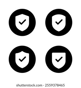 Shield with check mark icon set on black circle. Defense, security with checkmark sign symbol