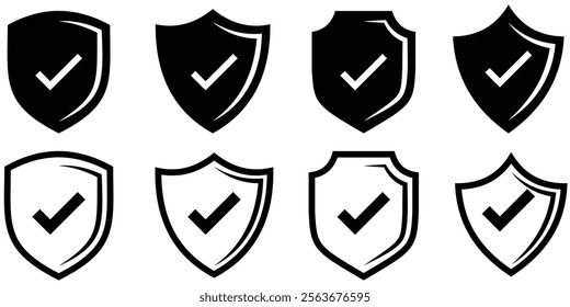 Shield check mark icon set. Protection approve sign. Safe icon vector, Checked sign, tick icon, Shield icon, security shields logotypes with check mark and padlock. Security shield symbols. EPS 10