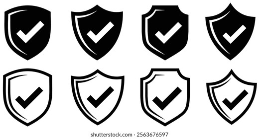 Shield check mark icon set. Protection approve sign. Safe icon vector, Checked sign, tick icon, Shield icon, security shields logotypes with check mark and padlock. Security shield symbols. EPS 10